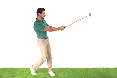 Photo of Young man playing golf on white background