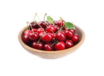 Photo of Wooden bowl with ripe sweet cherries on white background