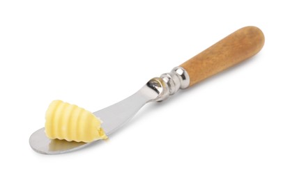 Photo of Butter curl and knife isolated on white