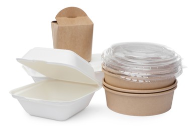 Photo of Set of different containers for food on white background