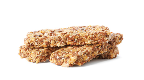 Image of Crunchy granola bars on white background. Healthy snack