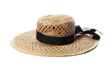 Photo of Stylish straw hat isolated on white. Beach object