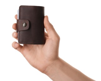Man holding leather business card holder on white background, closeup