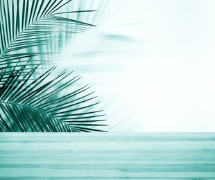Image of Palm branches and light blue wooden table near white wall, space for text. Summer party