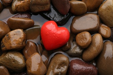 Photo of Red decorative heart on stones and water, top view
