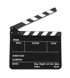 Photo of One movie clapper isolated on white. Film industry