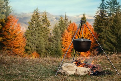 Image of Cooking food on campfire near forest on autumn day. Camping season