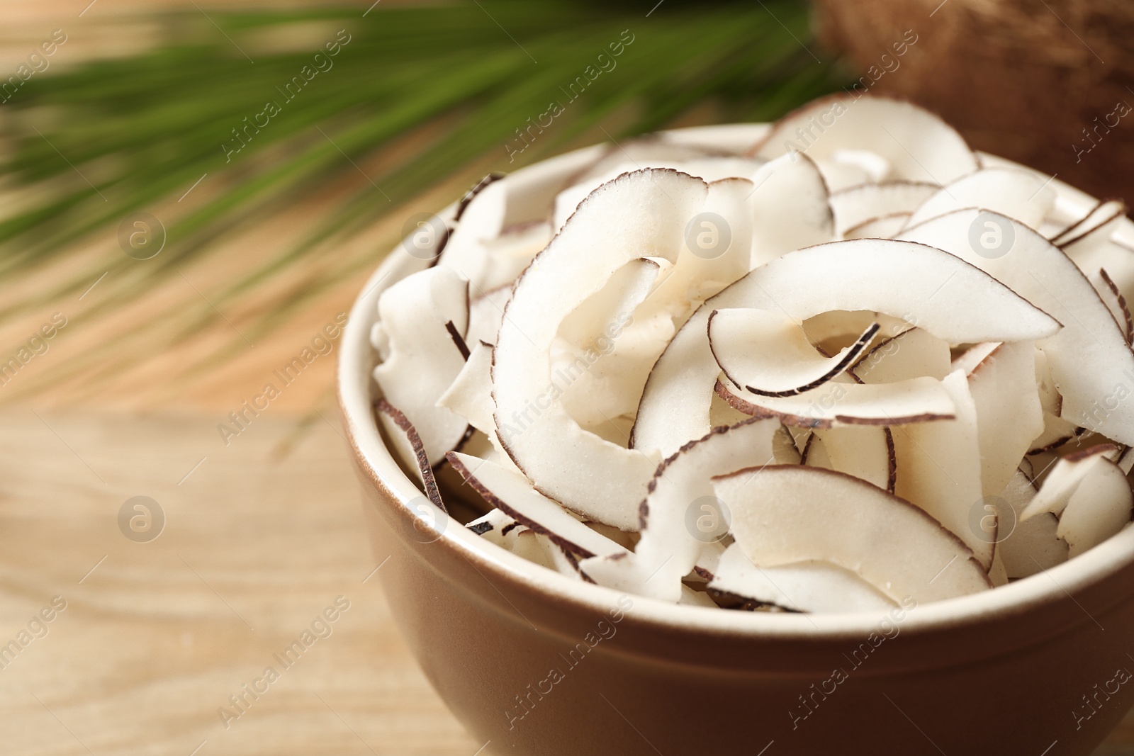 Photo of Tasty coconut chips in ceramic bowl, closeup