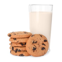 Photo of Delicious chocolate chip cookies and milk isolated on white