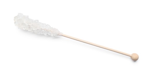 Photo of Wooden stick with sugar crystals isolated on white, top view. Tasty rock candy