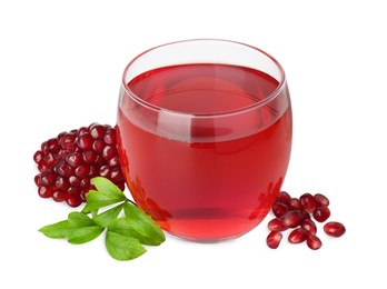 Photo of Refreshing pomegranate juice in glass, leaves and seeds isolated on white