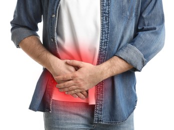 Image of Man suffering from acute appendicitis on white background, closeup