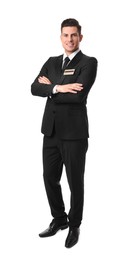 Full length portrait of happy receptionist in uniform on white background