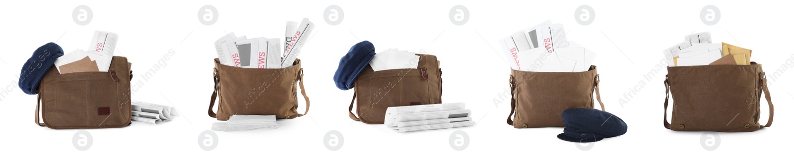 Image of Set with different postman's bags with mails and newspapers on white background. Banner design