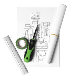 Wiring diagram, screwdriver, electrical tape and ruler isolated on white, top view