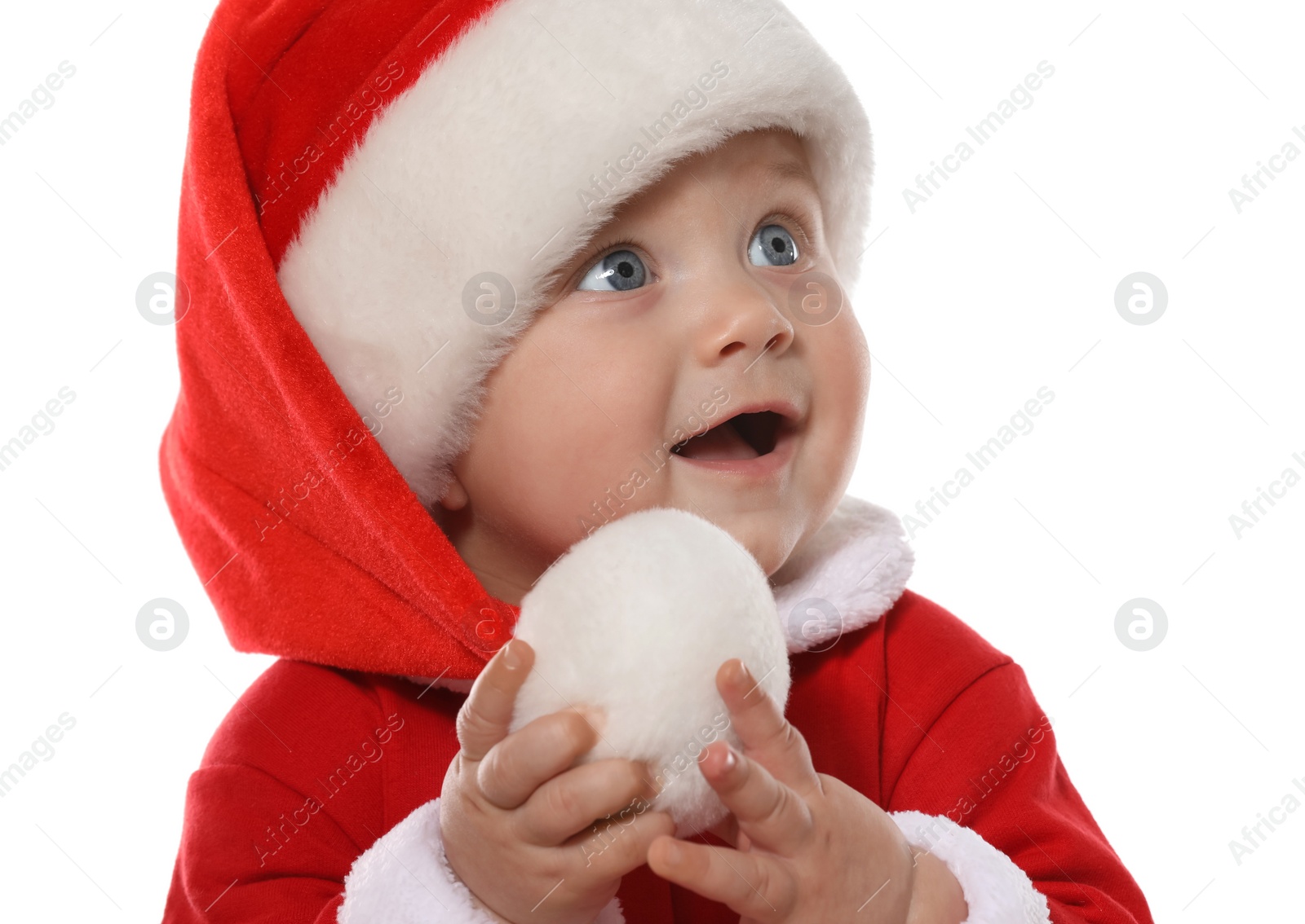 Photo of Cute baby in Christmas costume on white background, closeup