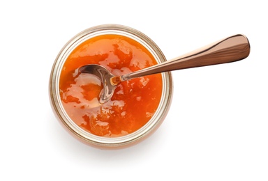 Photo of Jar with sweet jam on white background
