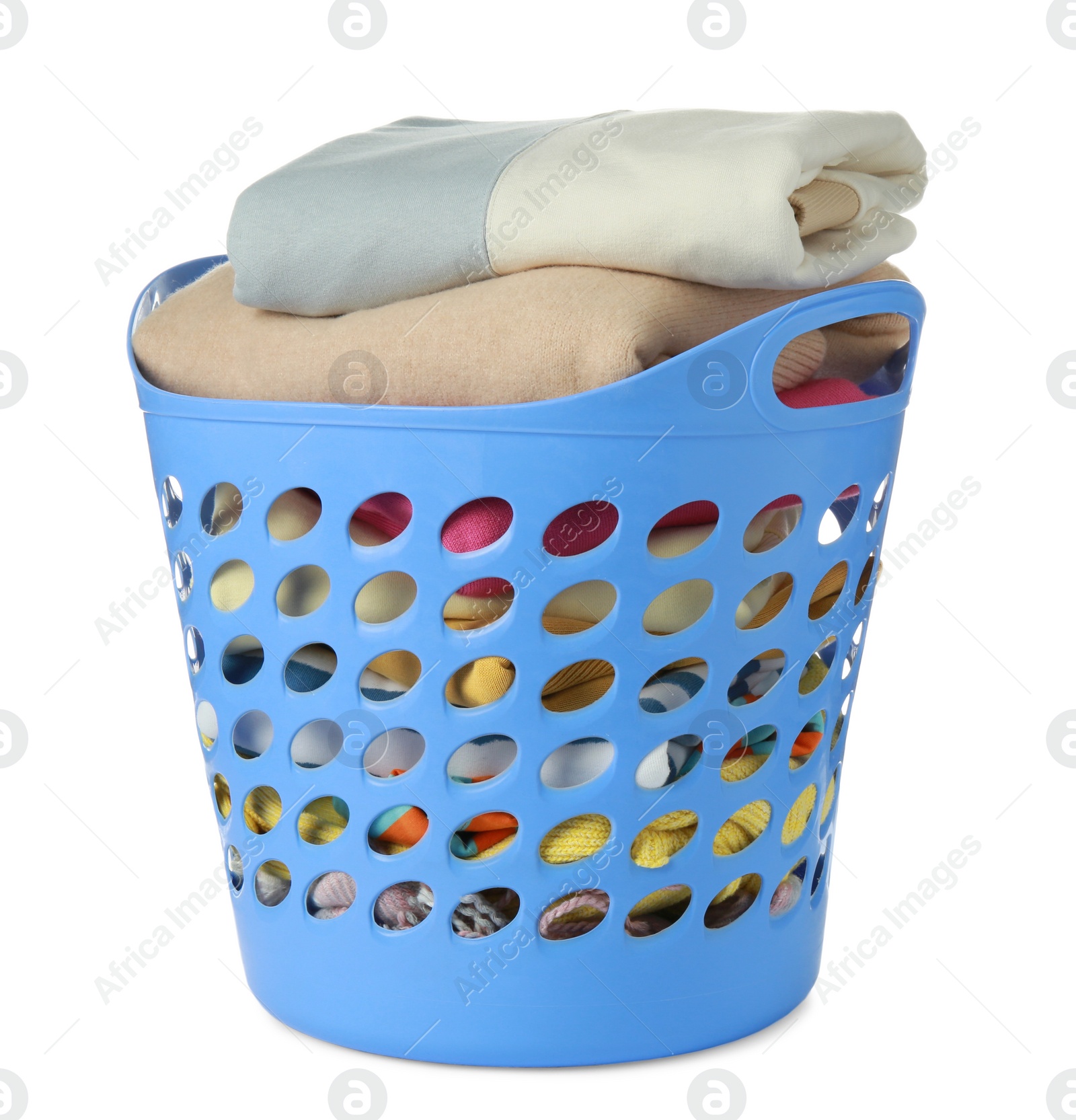 Photo of Blue plastic laundry basket with clean clothes isolated on white