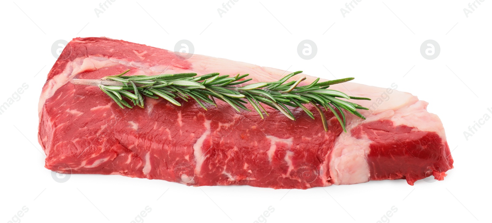 Photo of Raw beef steak and rosemary isolated on white