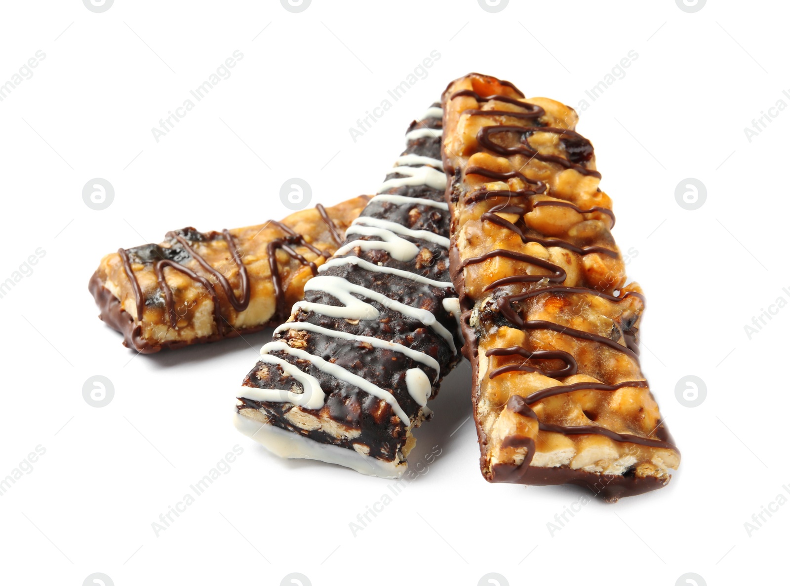 Photo of Different grain cereal bars on white background. Healthy snack