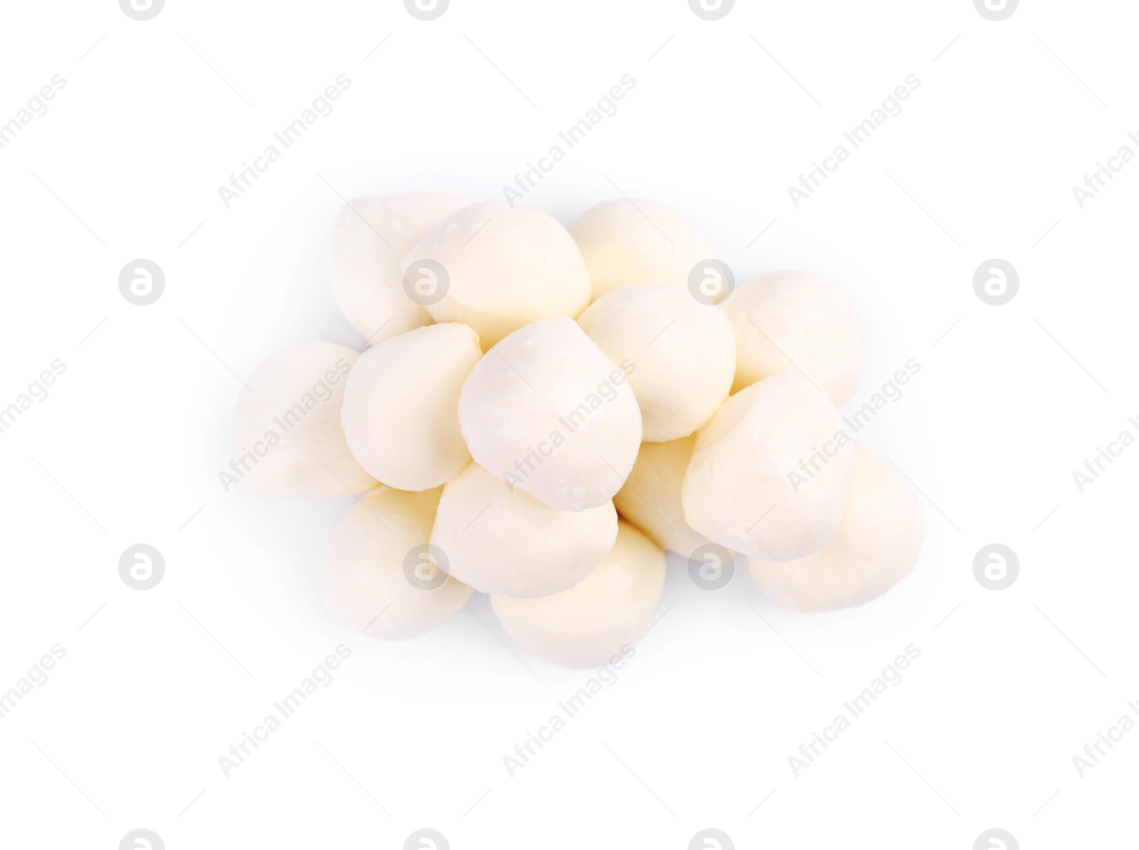 Photo of Tasty mozzarella balls isolated on white, top view