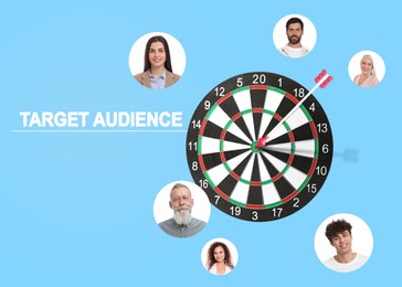 Image of Target audience. Dartboard surrounded by photos of potential clients on light blue background