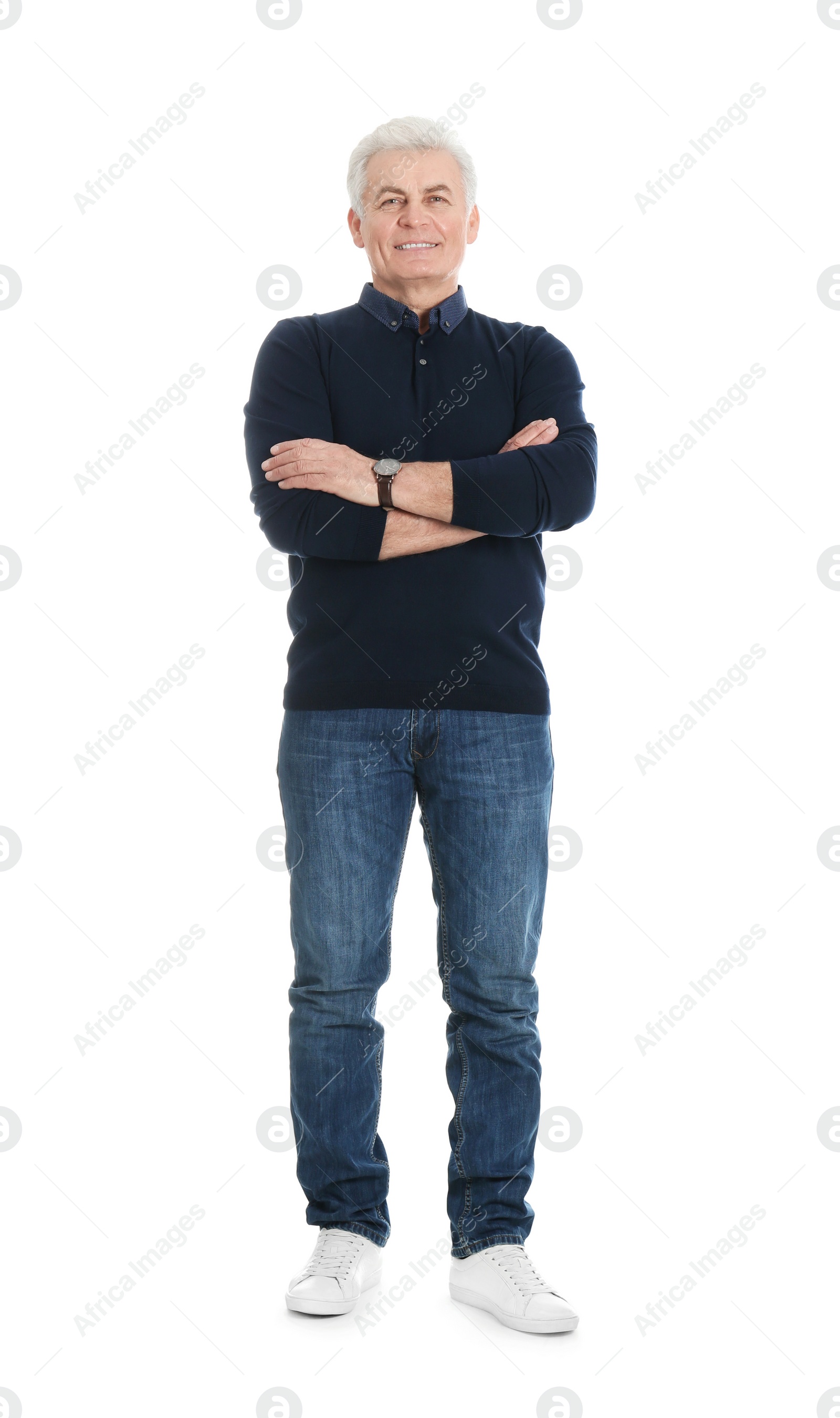 Photo of Handsome mature man in stylish clothes on white background