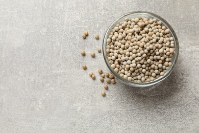 Photo of Aromatic spice. White pepper in bowl on light grey table, top view. Space for text