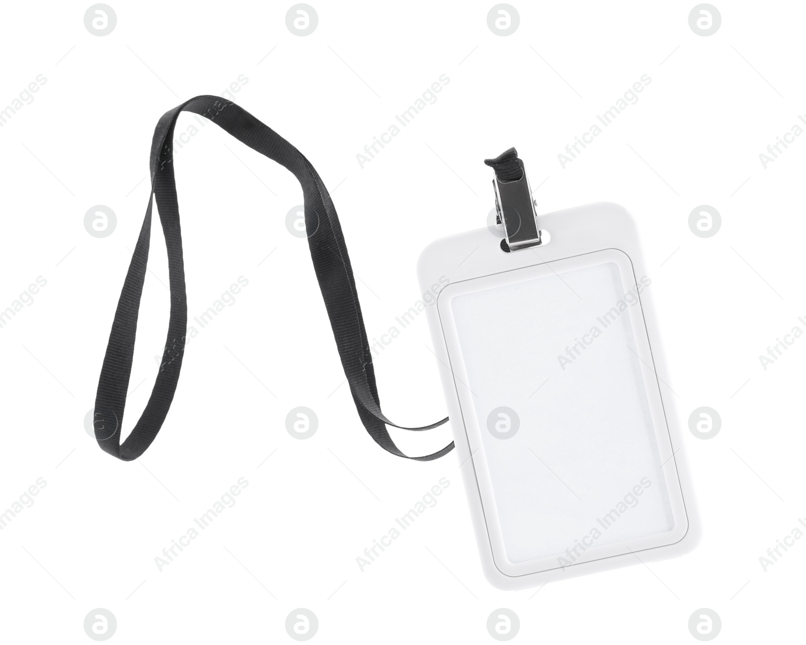 Photo of Blank badge with black string isolated on white