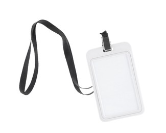 Photo of Blank badge with black string isolated on white