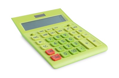 Photo of Green calculator on white background. Office equipment