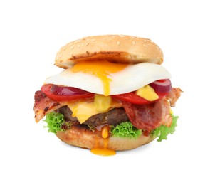 Photo of Delicious burger with fried egg isolated on white