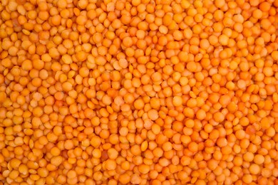 Photo of Heap of red lentils as background, top view. Veggie seeds