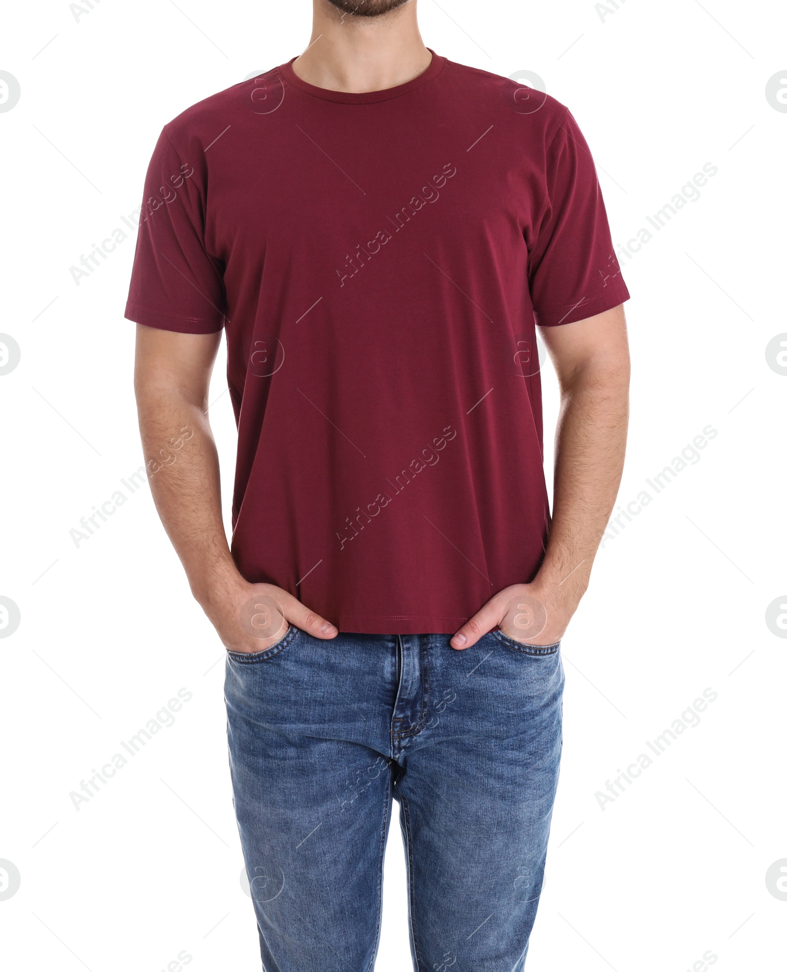 Photo of Young man on white background, closeup. Weight loss