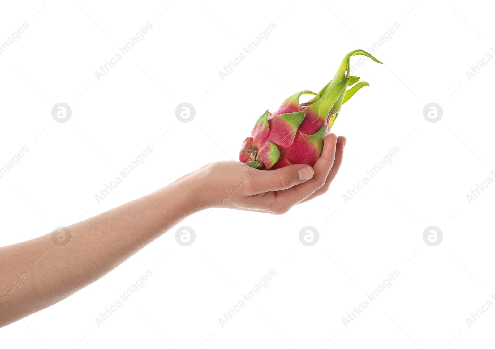 Photo of Woman holding ripe dragon fruit (pitahaya) on white background, closeup