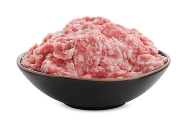 Bowl with raw fresh minced meat isolated on white