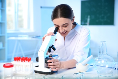 Photo of Female scientist using modern microscope in chemistry laboratory