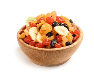 Bowl with different dried fruits on white  background. Healthy lifestyle