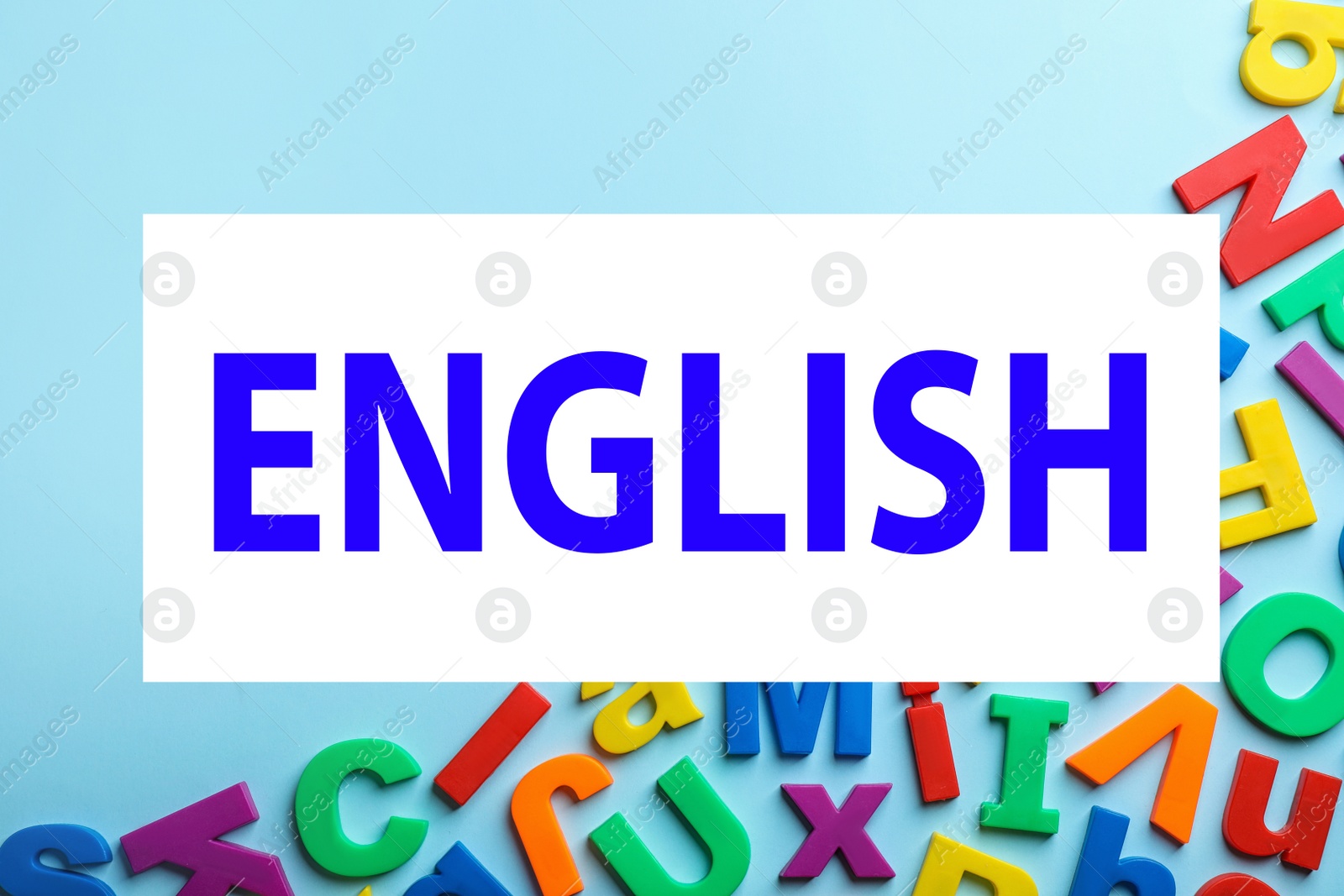 Image of Plastic magnetic letters on color background, top view. Learn English