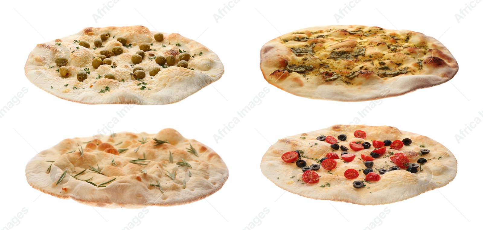 Image of Set with different traditional Italian focaccia on white background. Banner design 