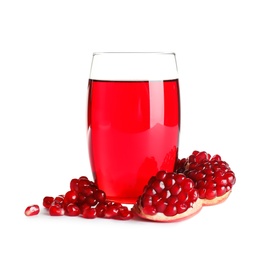 Photo of Glass of pomegranate juice and fresh fruits on white background