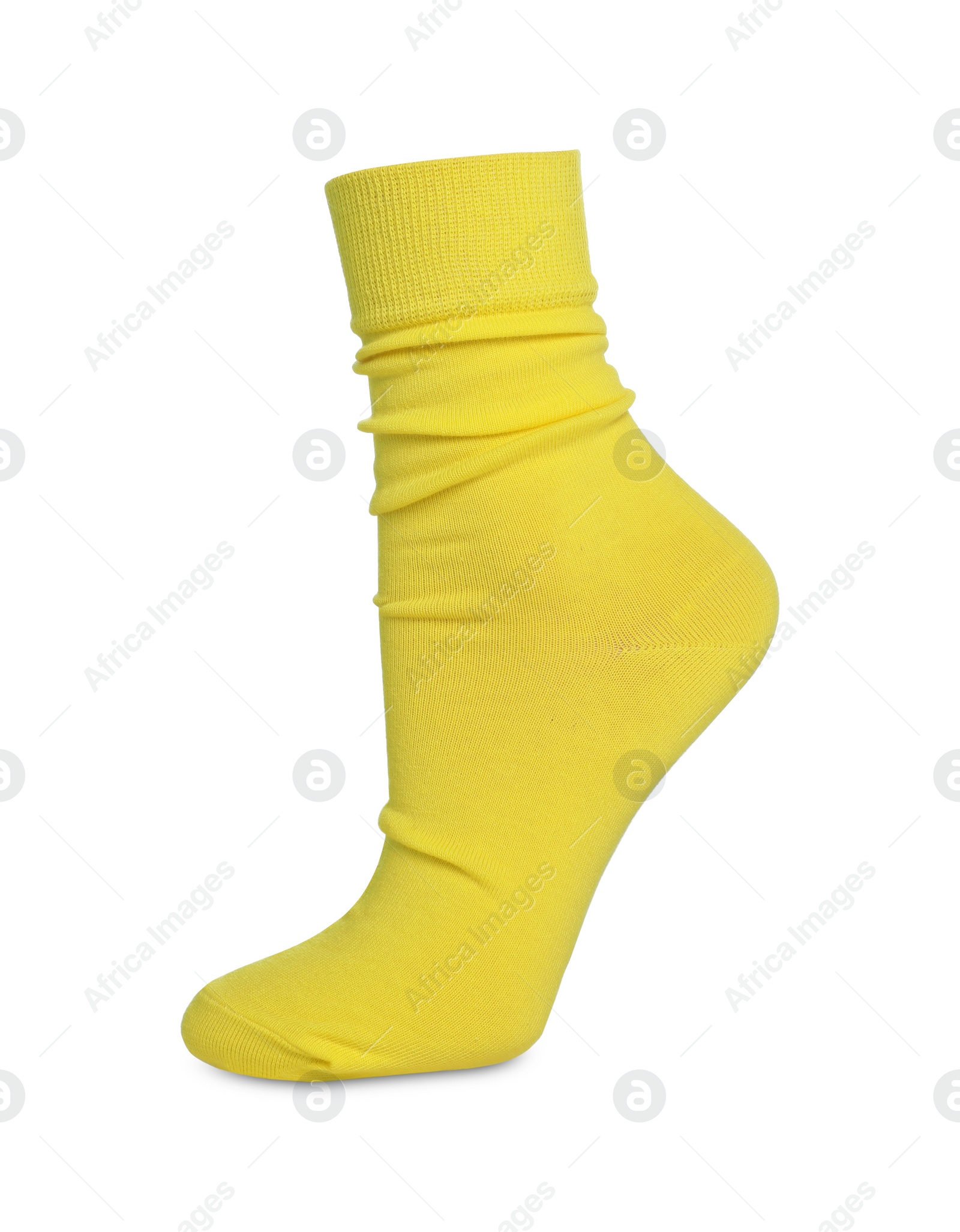 Photo of One bright yellow sock on white background
