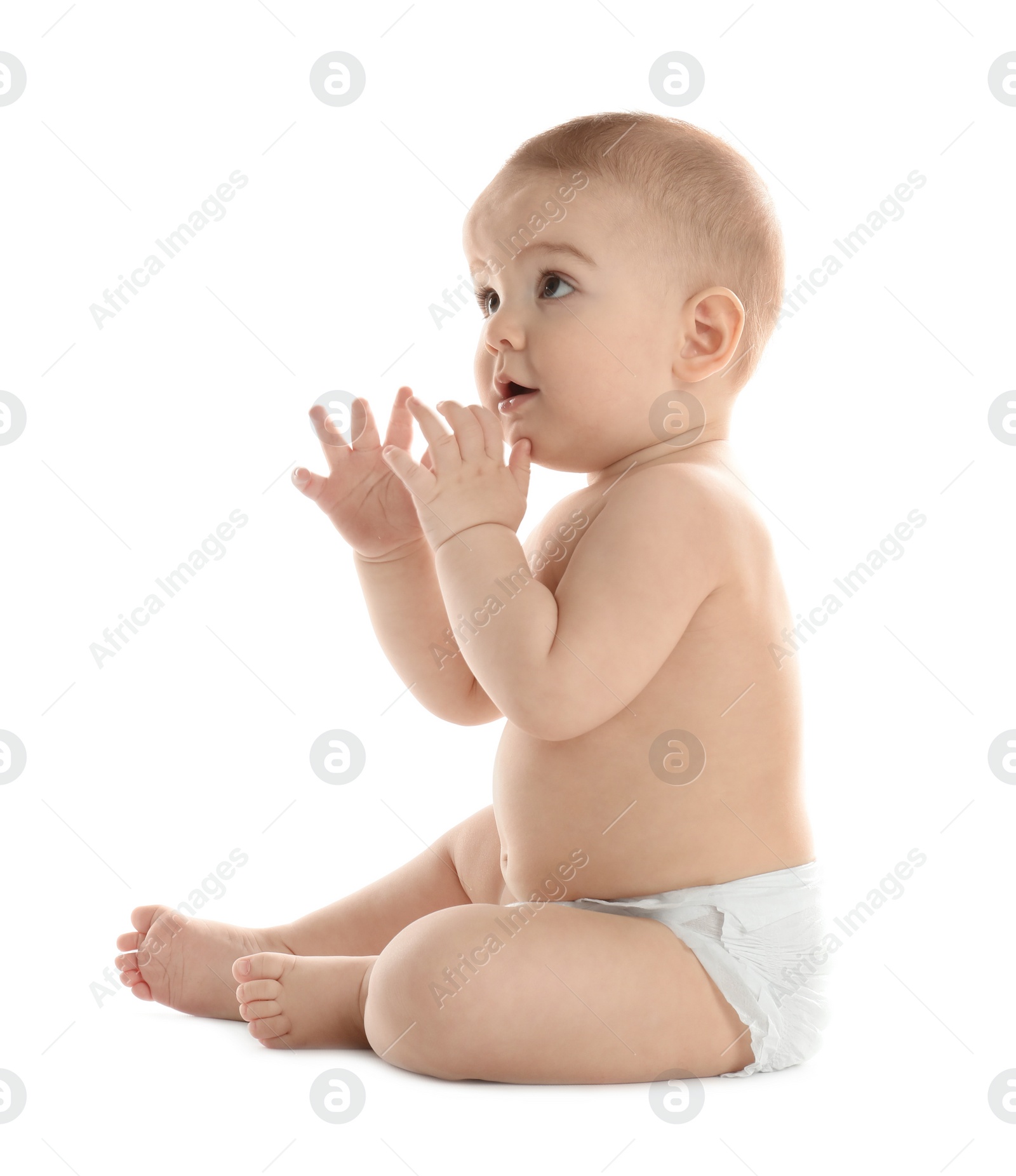 Photo of Cute little baby in diaper on white background