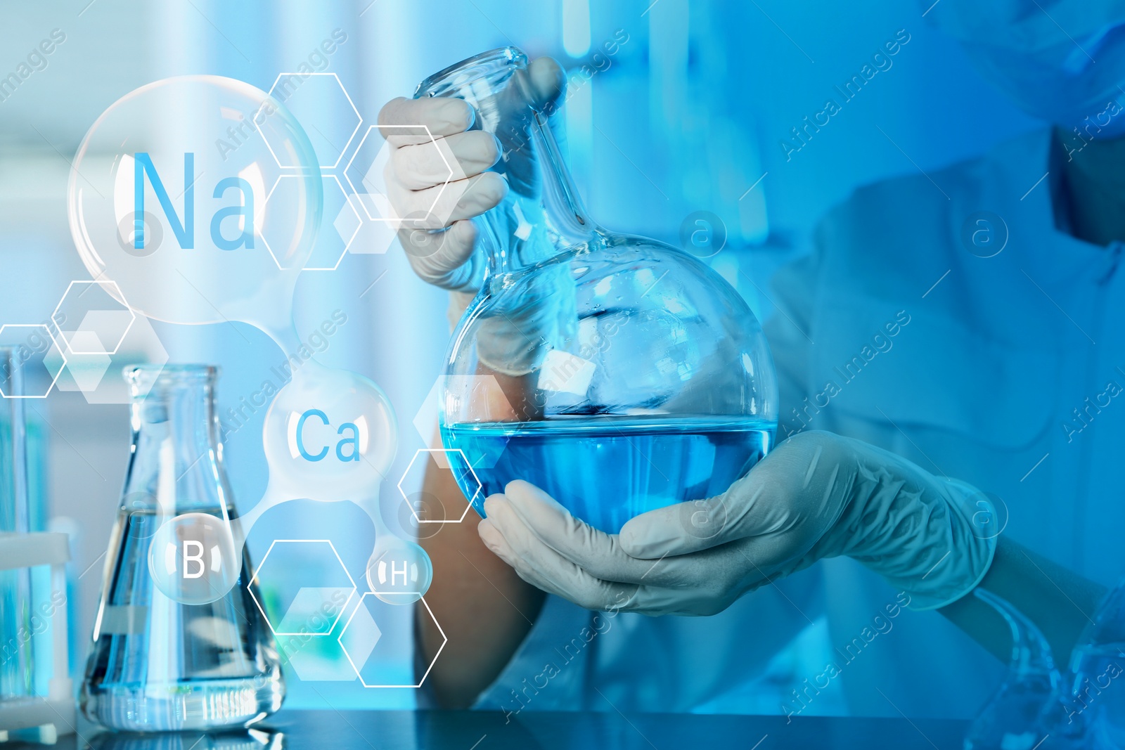 Image of Laboratory worker holding flask with sample indoors and chemical compound with elements, double exposure