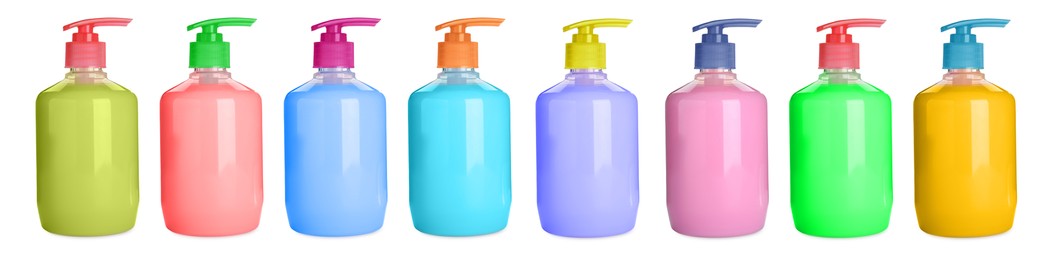 Image of Set with bottles of multicolored liquid soap on white background. Banner design