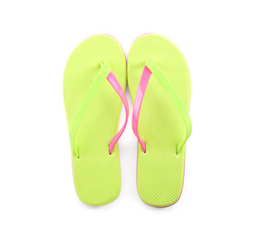 Photo of Pair of stylish green flip flops isolated on white, top view. Beach object