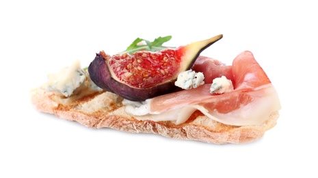 Photo of Sandwich with ripe figs and prosciutto on white background