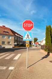 Post with different road signs on city street