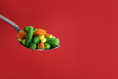 Fresh vegetables in spoon on red background. Space for text