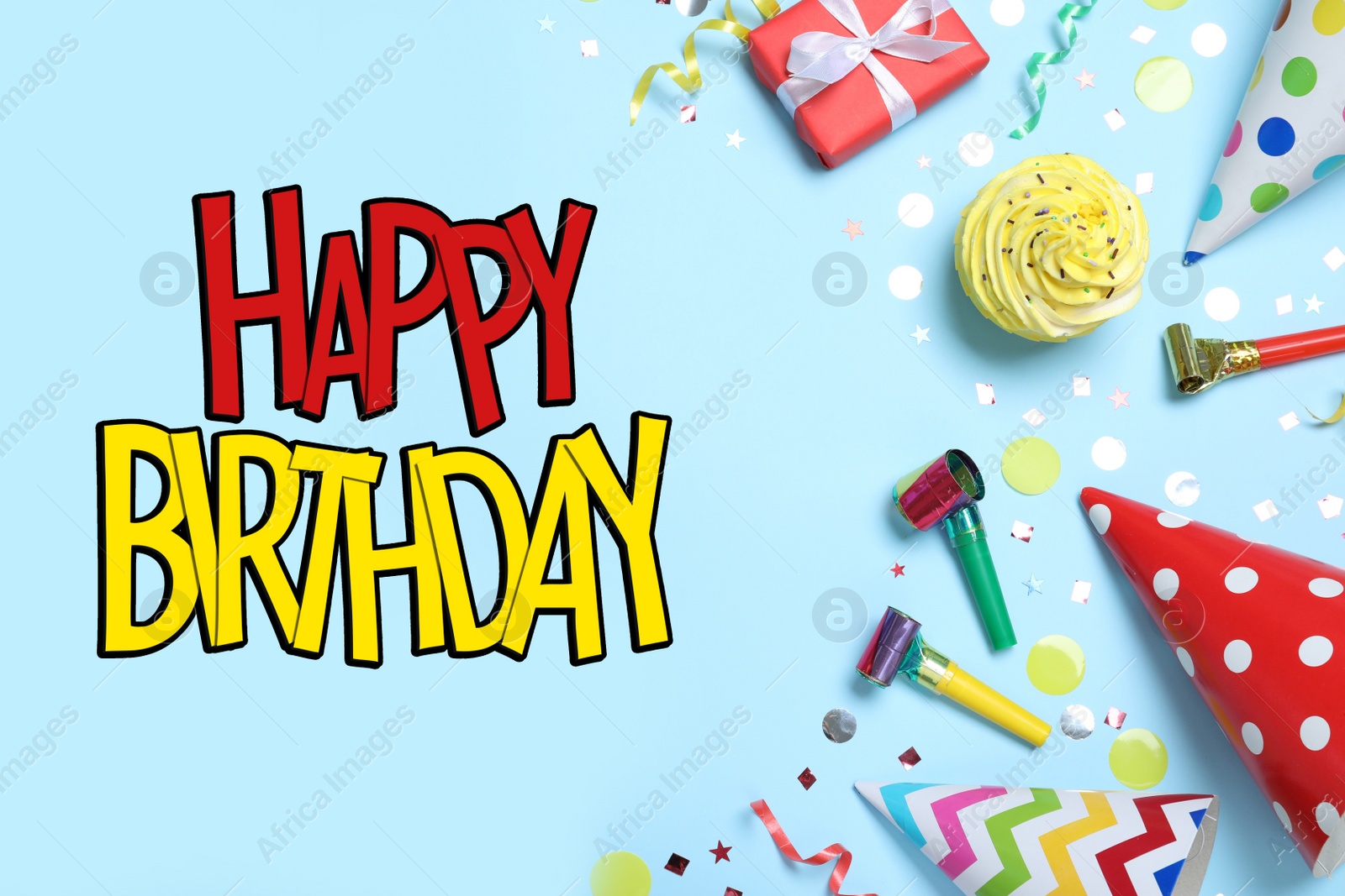 Image of Happy Birthday! Flat lay composition with party hats, decor and cupcake on light blue background